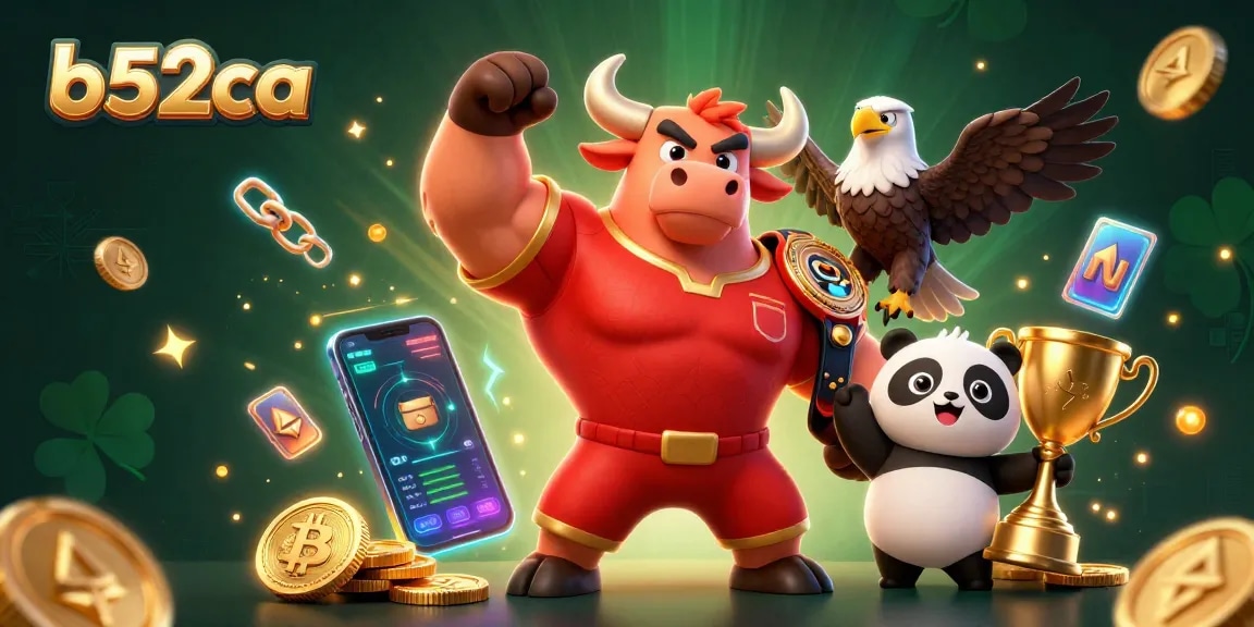 Boost your wins with b52ca in this vibrant casino-themed illustration filled with crypto elements.