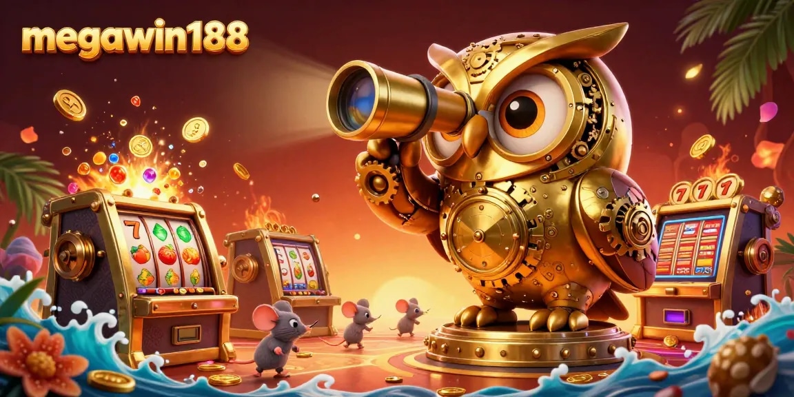 Megawin188 menampilkan burung hantu emas 3D yang berputar mengawasi lantai kasino dengan mesin slot mewah di sekitarnya.