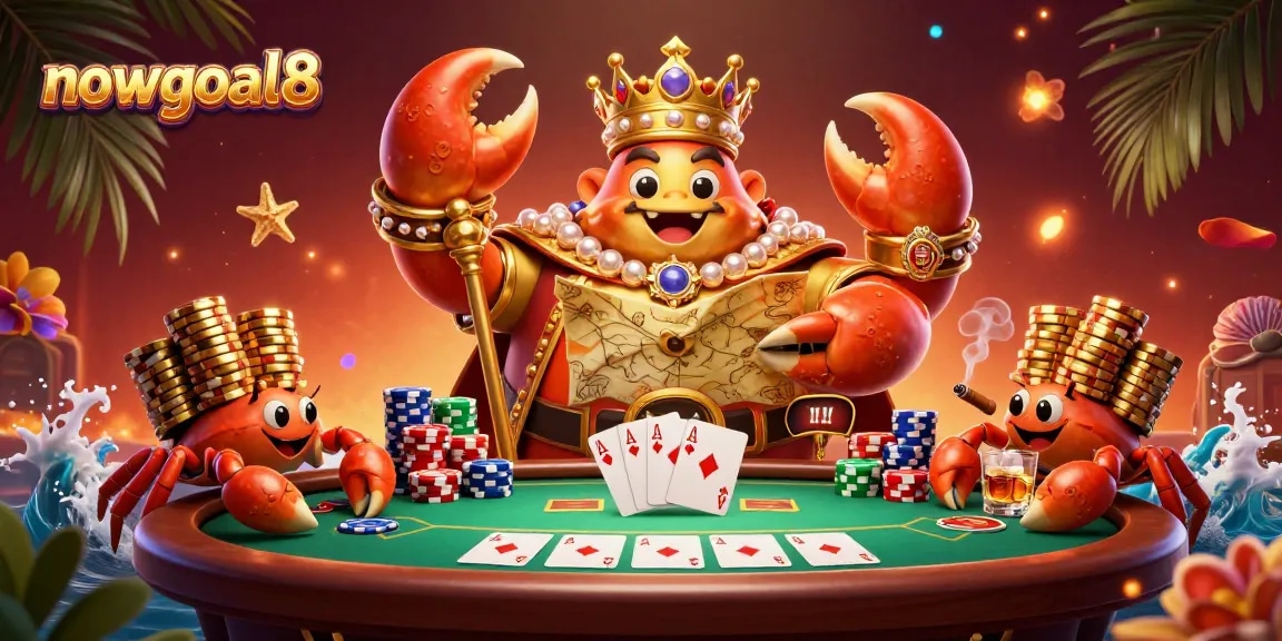 Engage with nowgoal8's thrilling action showcasing a golden crab emperor guiding gamers at a poker table.