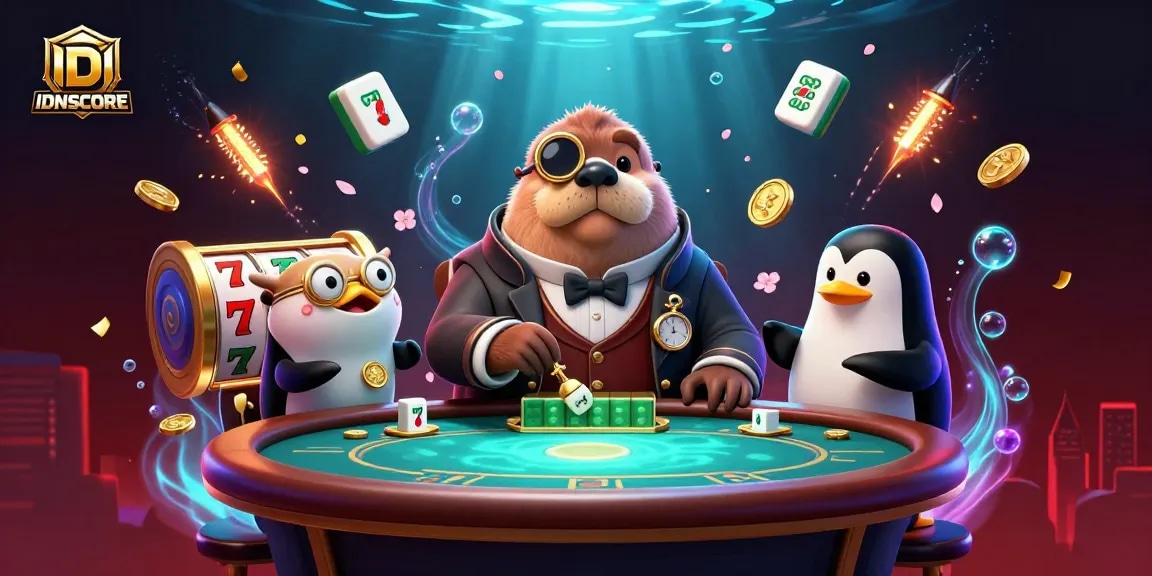 Join the fun with IDNSCORE at an exhilarating underwater poker game featuring whimsical characters and rich casino elements.