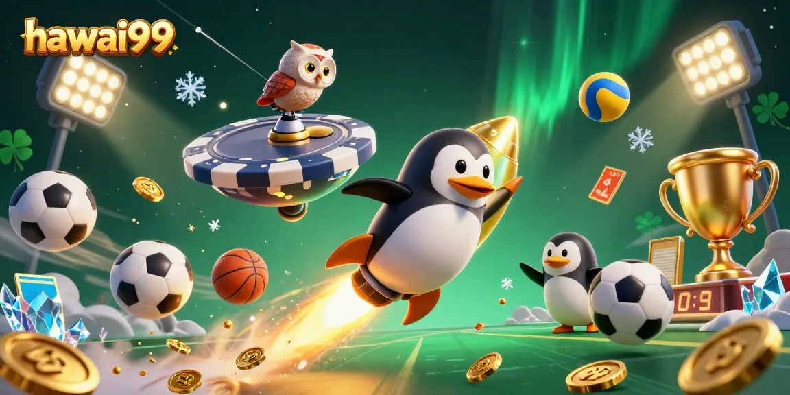 Experience the thrill of hawai99 as the golden penguin rockets towards a casino in space.
