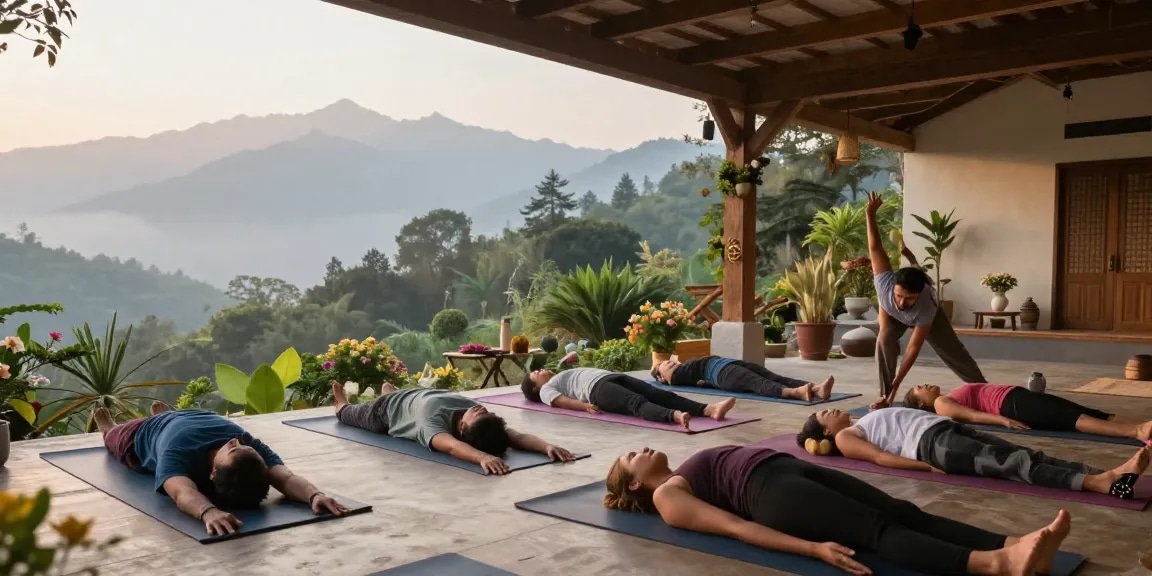 Students participating in 300 hour yoga teacher training in India amidst the serene landscape of Rishikesh, practicing advanced asanas.