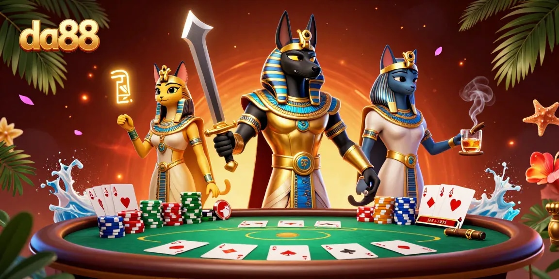 Play exciting games at da88 featuring Anubis and Bastet in a vibrant casino scene.