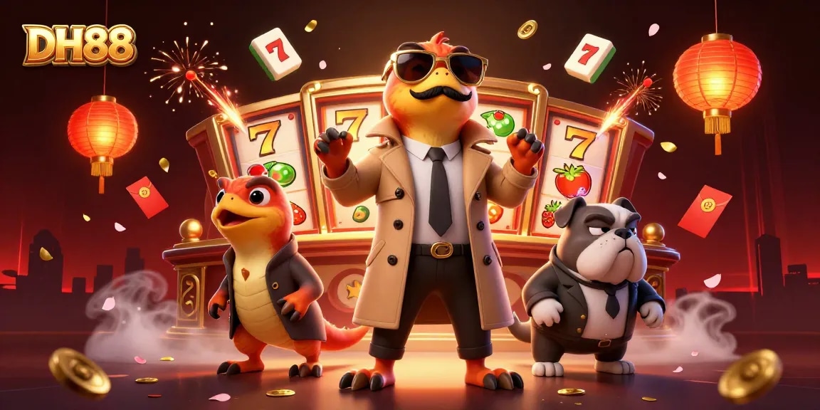 Pretend to enter the VIP lounge at DH88 while raptors and a bulldog watch closely, enjoying vibrant gaming themes.