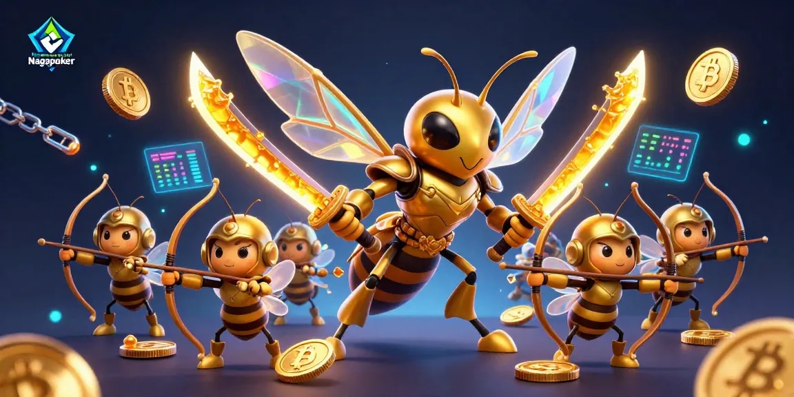 Situs Resmi Poker Online Nagapoker showcases a vibrant scene with a golden hornet samurai surrounded by crypto coins.