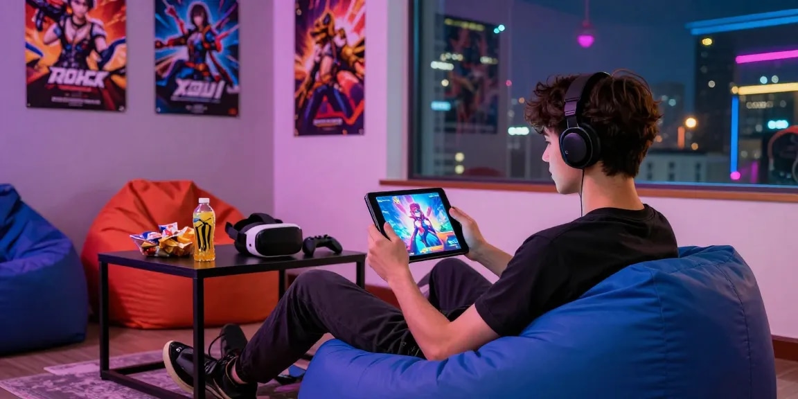 Engaged gamer enjoying an android hentai game in a vibrant gaming lounge filled with colorful lights and snacks.