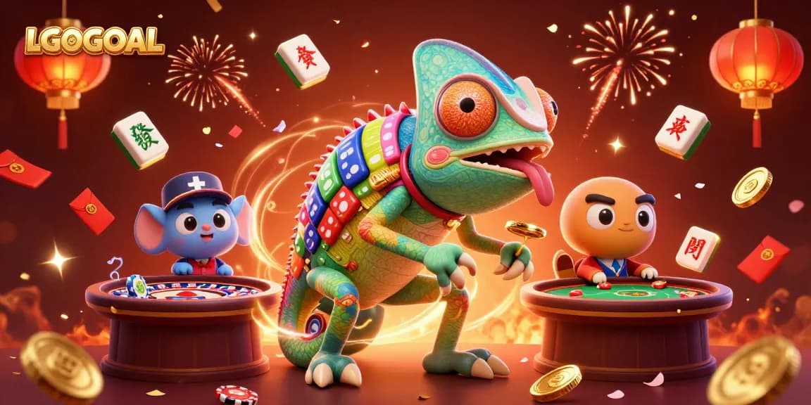 Engage in winning strategies at LGOGOAL, featuring vibrant casino elements and a chameleon owner.