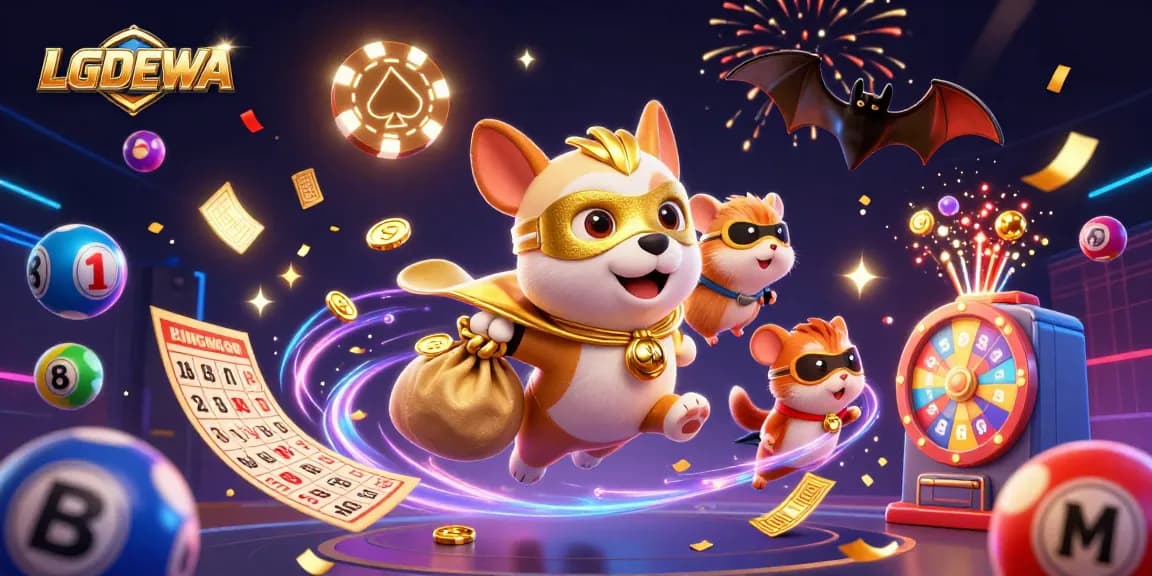 Engage with LGODEWA's vibrant world of online slots, featuring a heroic dog amidst colorful gaming elements.