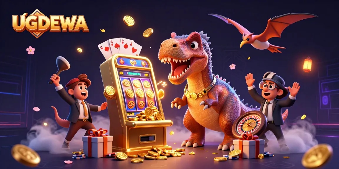 Watch UGDEWA's pachycephalosaurus claim jackpot coins from a golden slot machine in this vibrant casino scene.