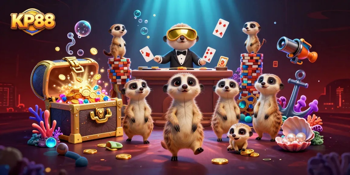 Experience the excitement of KP88 with dynamic meerkats managing a colorful casino operation.