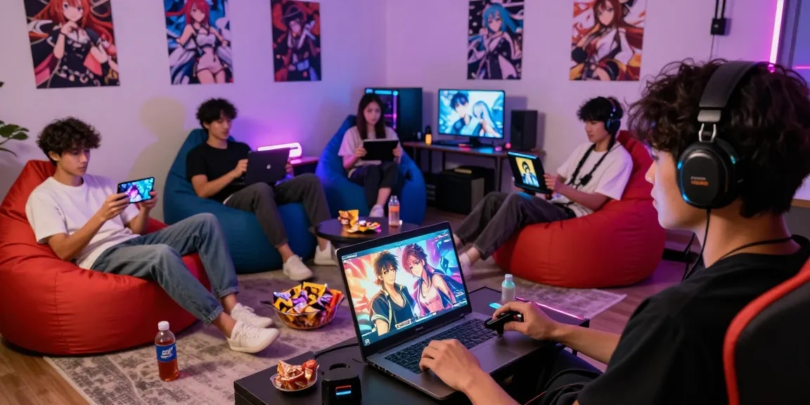 Players enjoying vibrant hentai games on various devices in a cozy gaming room.