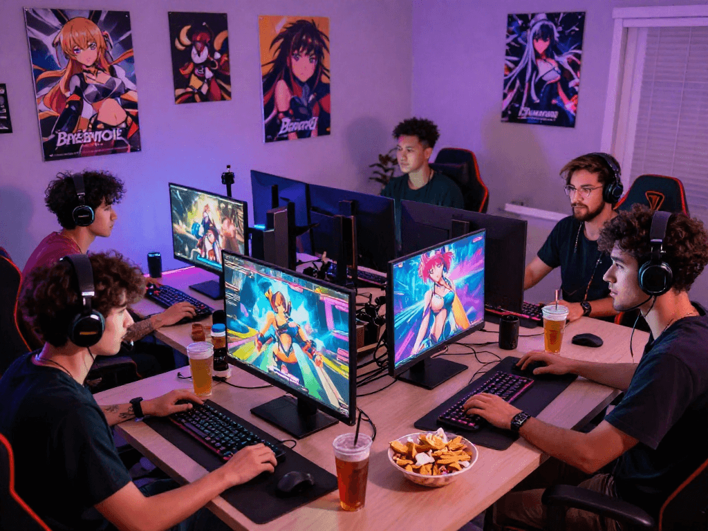 Engaged gamers playing online hentai games in a colorful room setting.