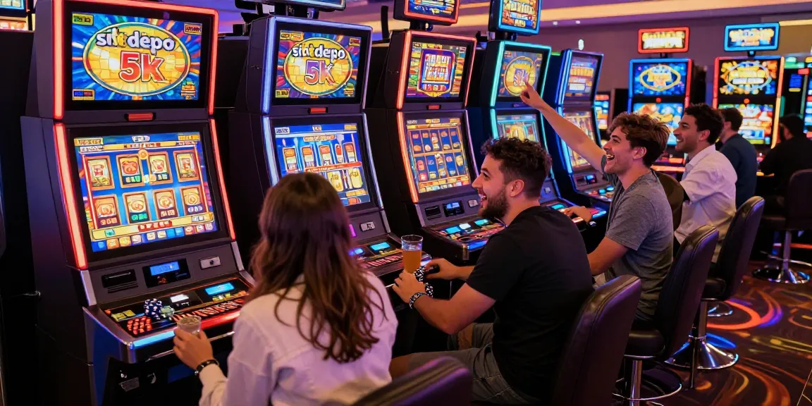 Friends enjoying slot depo 5k games in a vibrant casino atmosphere.