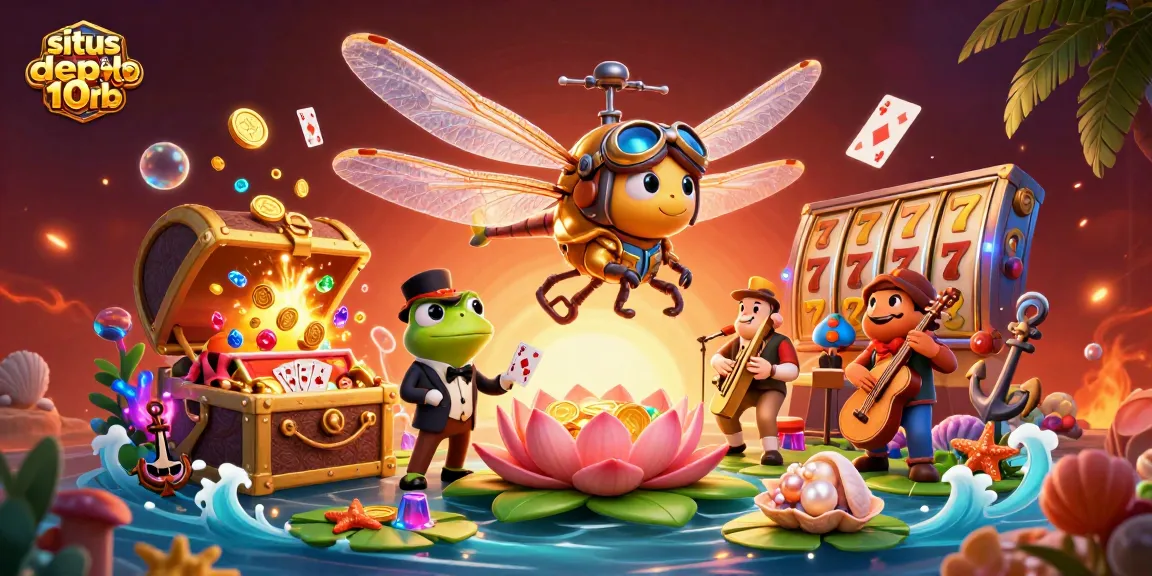 Situs depo 10rb features a lively casino scene with a dragonfly pilot and frog croupier in action.