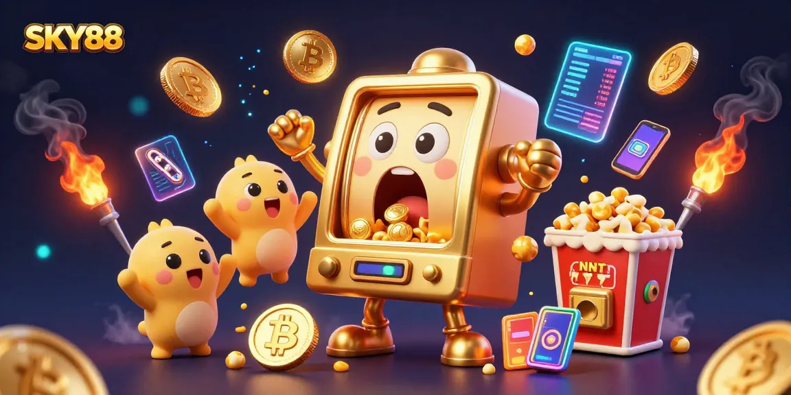 SKY88 slot machine celebrating a jackpot with gold coins spilling out, showcasing vibrant casino elements.