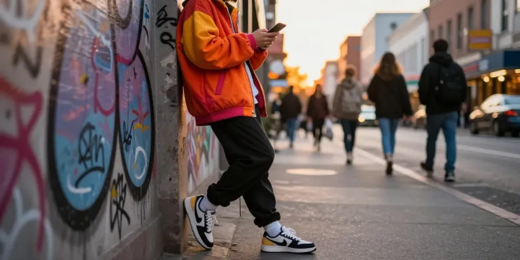 Gaya streetwear diana4d yang menarik di lingkungan perkotaan selama senja.