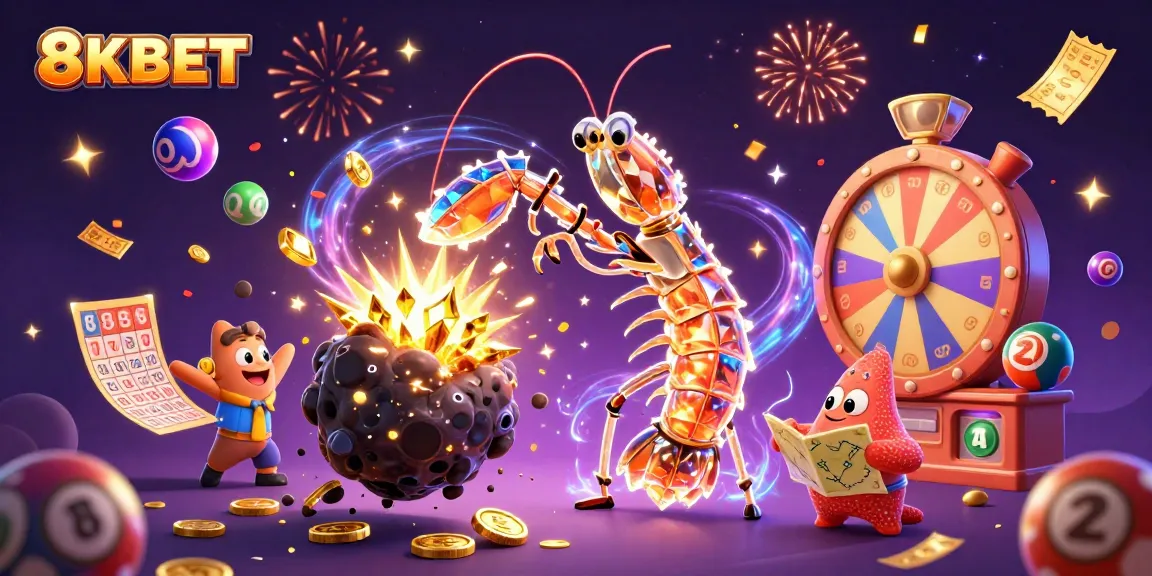 Engaging 8KBET casino scene featuring vibrant lottery elements and festive characters.