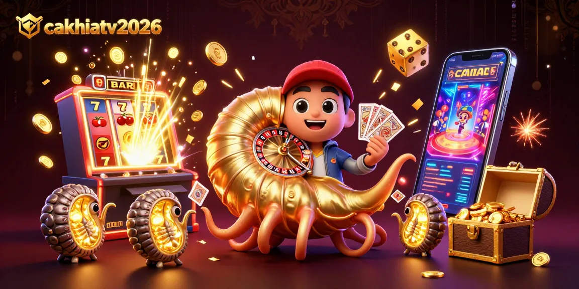 Experience thrills at cakhiatv2026 with an exciting 3D casino scene featuring a giant nautilus roulette wheel and vibrant slot machine action.