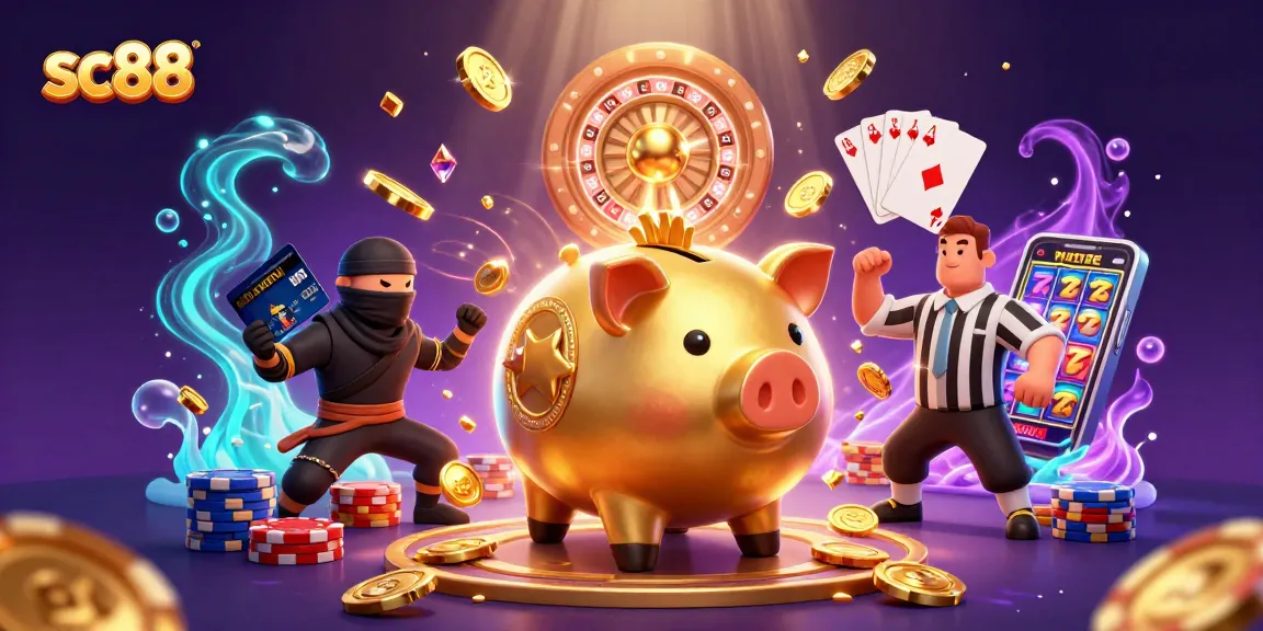 Experience the excitement of sc88 with a whimsical illustration of a sumo wrestler, wallet-ninja, and samurai referee in a casino showdown.