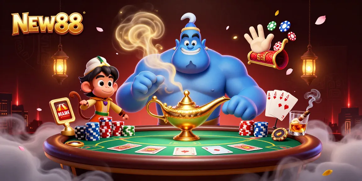 Experience the thrilling atmosphere of NEW88 with a vibrant, dynamic casino scene featuring colorful poker elements.