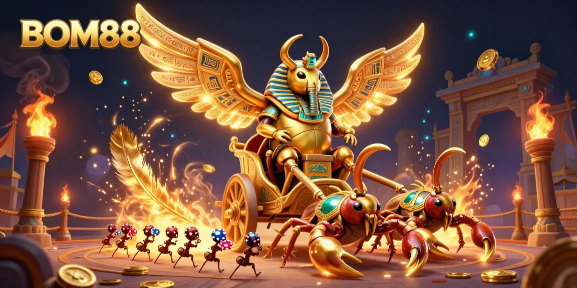 BOM88 captures thrilling casino excitement with a golden scarab beetle and scorpions amidst dynamic game elements.