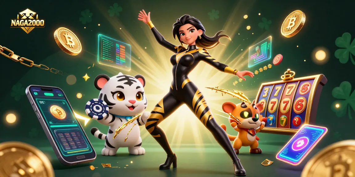 NAGA2000 menampilkan pemandangan yang memukau dengan seorang wanita dalam kostum kucing glamor di samping seekor harimau bayi yang ceria, dikelilingi oleh elemen slot yang cerah.