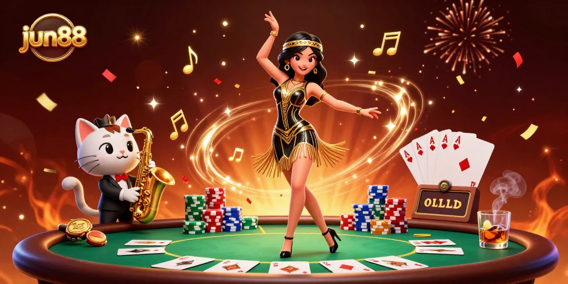 Experience excitement at jun88 with dynamic poker action and lively characters in a vibrant casino scene.