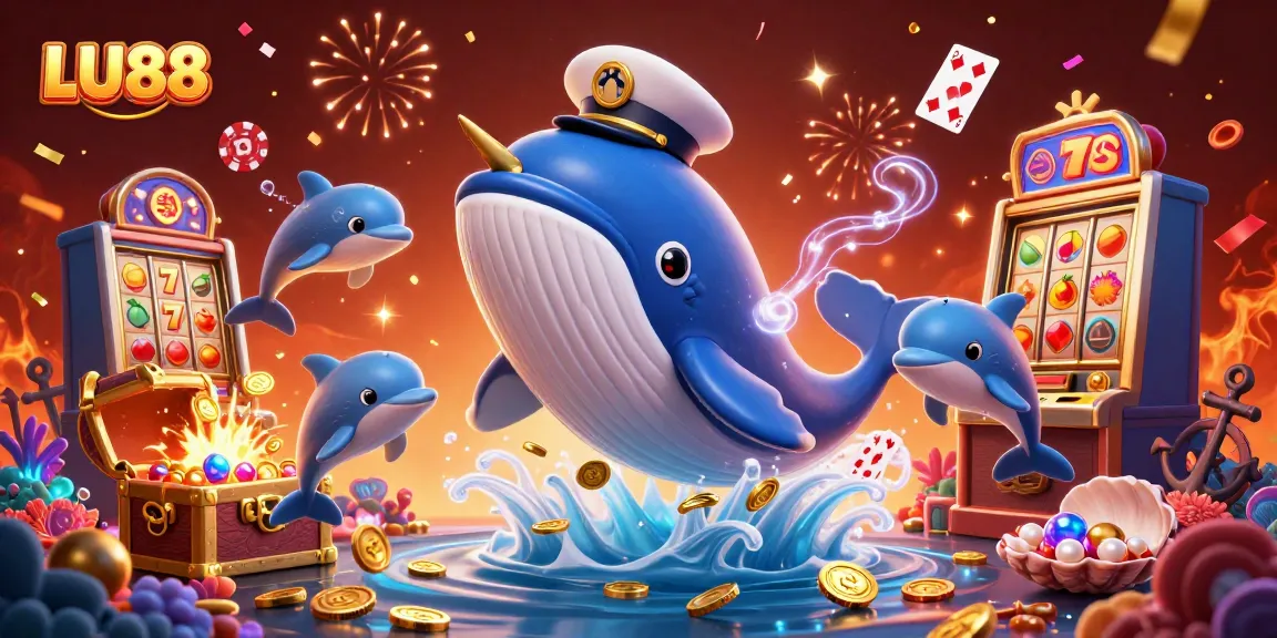 Play exciting games at LU88, featuring a vibrant underwater scene with a playful whale and slot machine bursting with treasures.