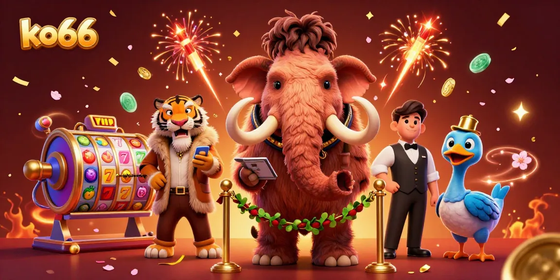 Experience thrilling slots at ko66 with vibrant characters and festive casino elements in a dynamic setting.