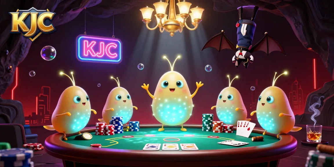 KJC glows in a vibrant casino scene filled with poker elements, engaging players in a lively poker game.