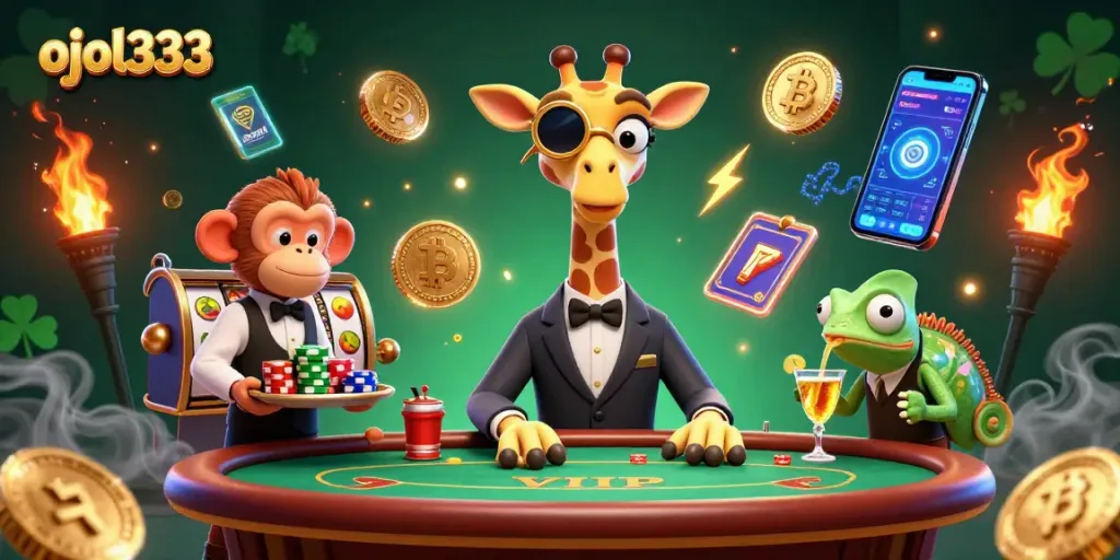Experience ojol333's vibrant casino atmosphere with a high-roller giraffe enjoying slot games.