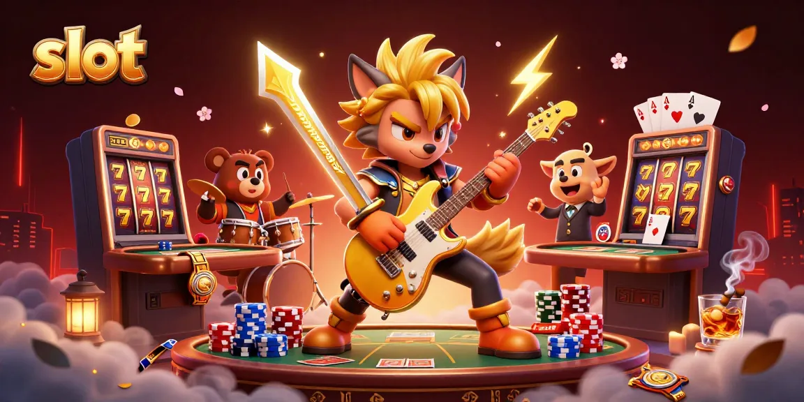 Experience the thrill of slot games with a wild rock star wolf and drummer bear in a vibrant casino scene