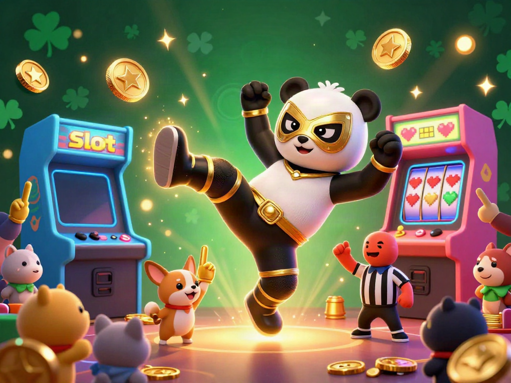 Experience the thrill of slot machines with a vibrant 3D panda wrestler, chihuahua referee, and cheering animals.