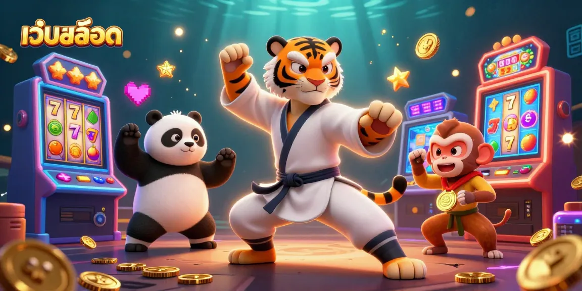 Play เว็บสล็อต with fun slot elements and 3D characters in a vibrant casino atmosphere.