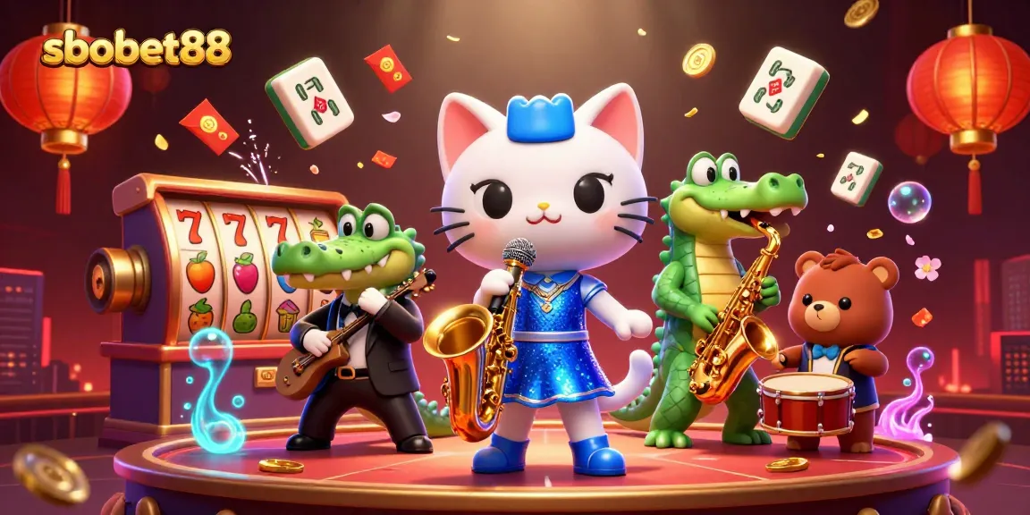 Experience sbobet88 through vibrant cartoon characters in an exciting casino scene with slot reels and celebratory elements.