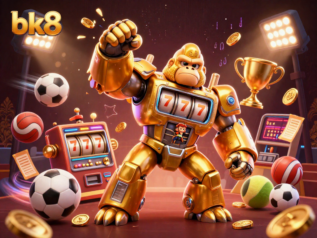 Win big with bk8 as the golden gorilla mech triumphantly punches upwards, surrounded by sports elements and excitement.
