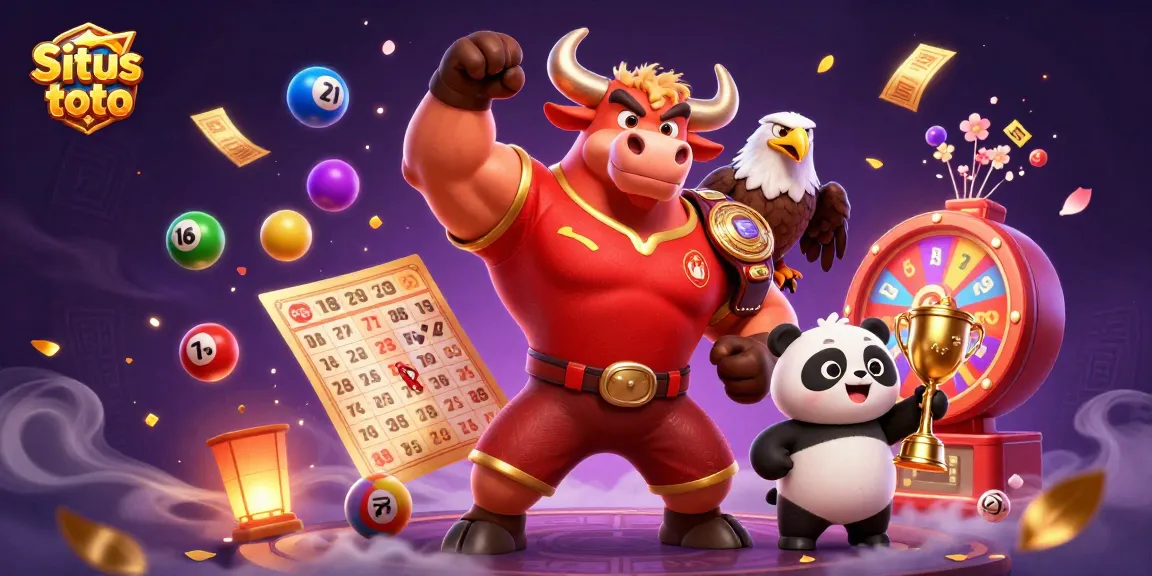 Situs toto lottery balls bounce energetically around a victorious bull mascot, eagle, and panda.