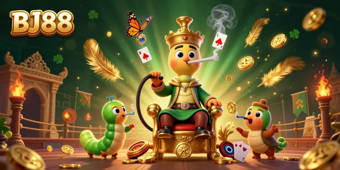 BJ88 brings excitement to life with a vibrant, dynamic illustration of a caterpillar hookah-master in a casino scene.