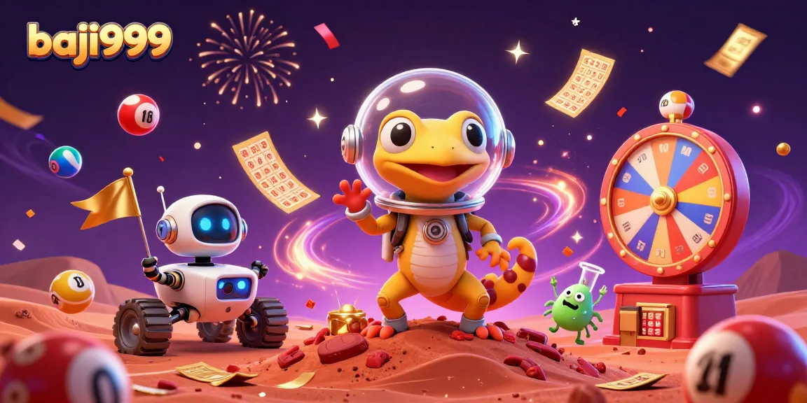 Baji999 welcomes players with a vibrant 3D scene showcasing a Martian gecko discovering a golden casino.