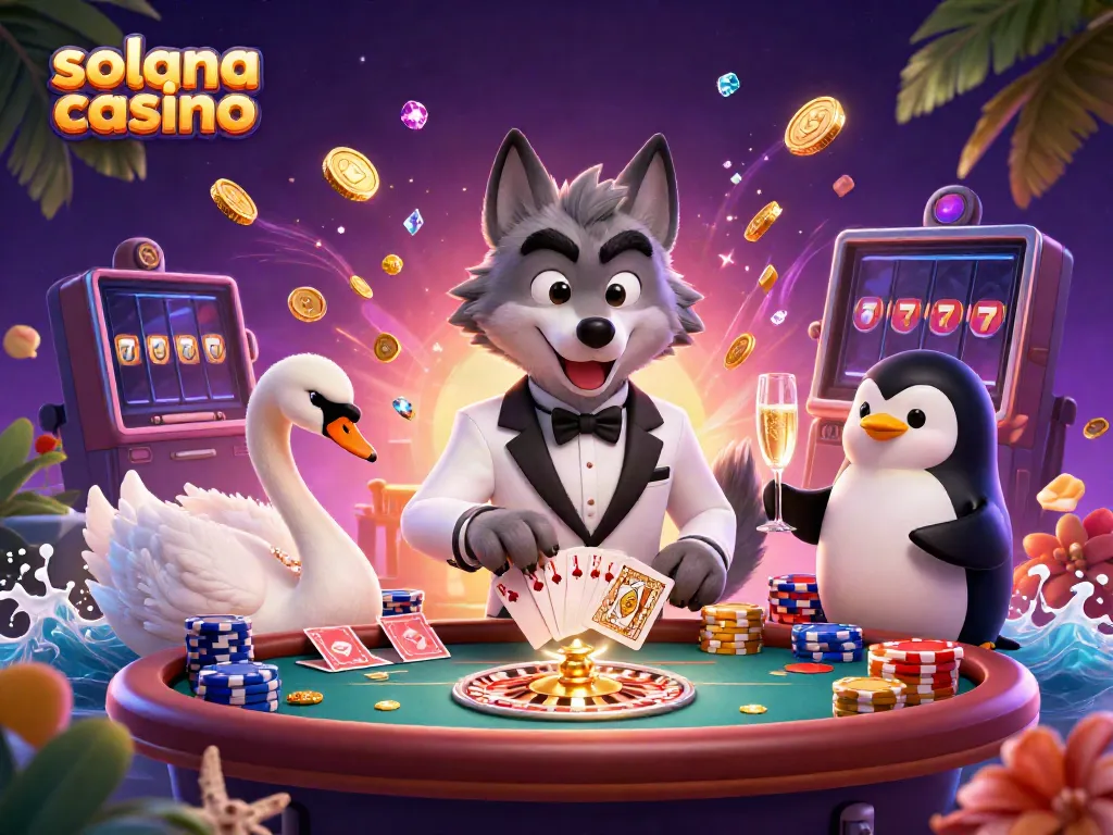 Experience the excitement of solana casino with a lively 3D scene featuring a debonair wolf, elegant swan, and sophisticated penguin.