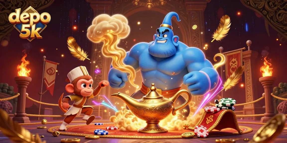 Experience thrilling action with depo 5k as a genie, monkey, and poker chips swirl in a vibrant casino scene.