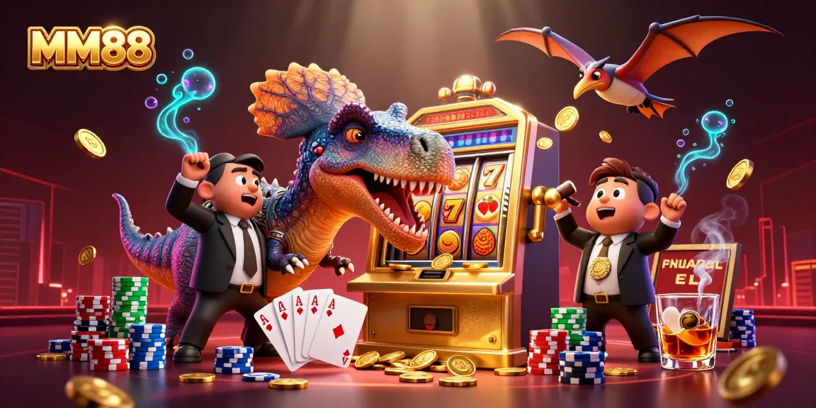 Engage in MM88 action as a pachycephalosaurus hits a slot machine jackpot amidst an exciting casino scene.