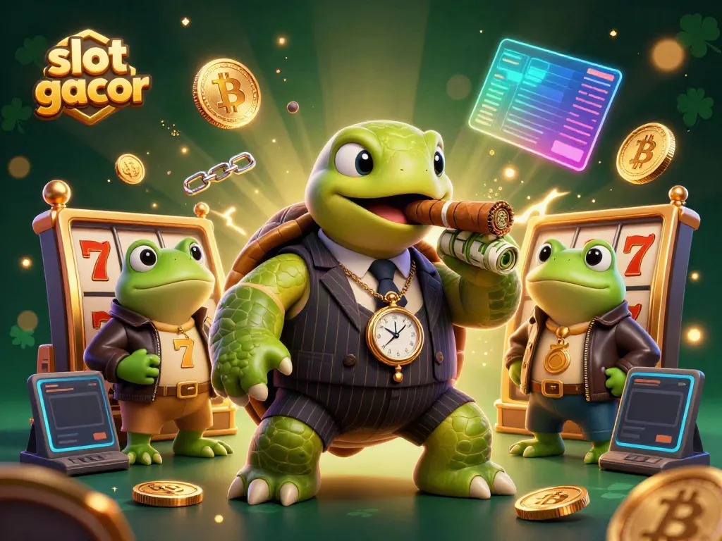 Experience the vibrant energy of slot gacor with a cartoon turtle and bullfrog enforcers in a lively casino.