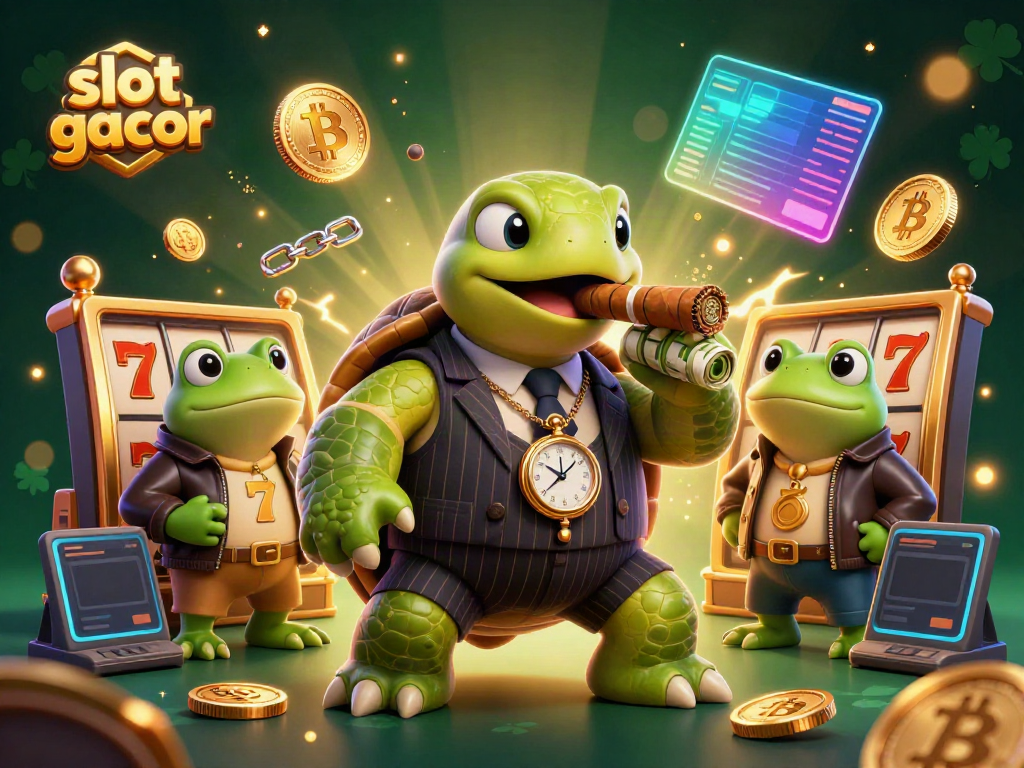 Experience the vibrant energy of slot gacor with a cartoon turtle and bullfrog enforcers in a lively casino.