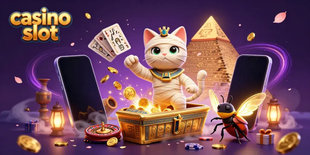 Experience casino slot gaming with an Egyptian mummy cat and glowing scarab in this vibrant casino scene.