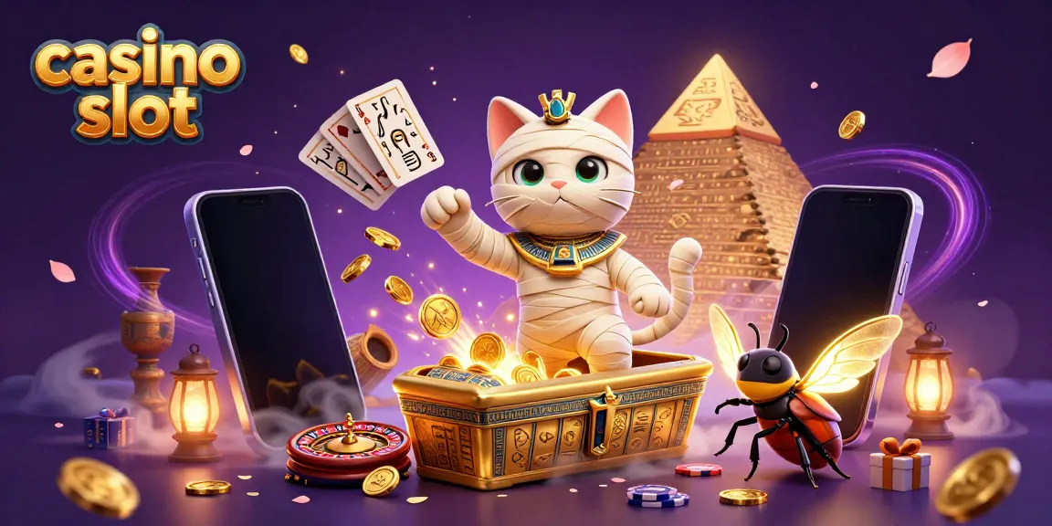 Experience casino slot gaming with an Egyptian mummy cat and glowing scarab in this vibrant casino scene.
