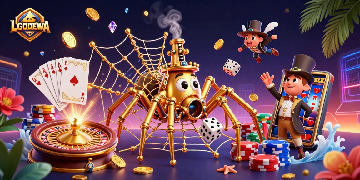 Win big with LGODEWA's vibrant slot machines and steampunk characters in a dynamic casino scene.