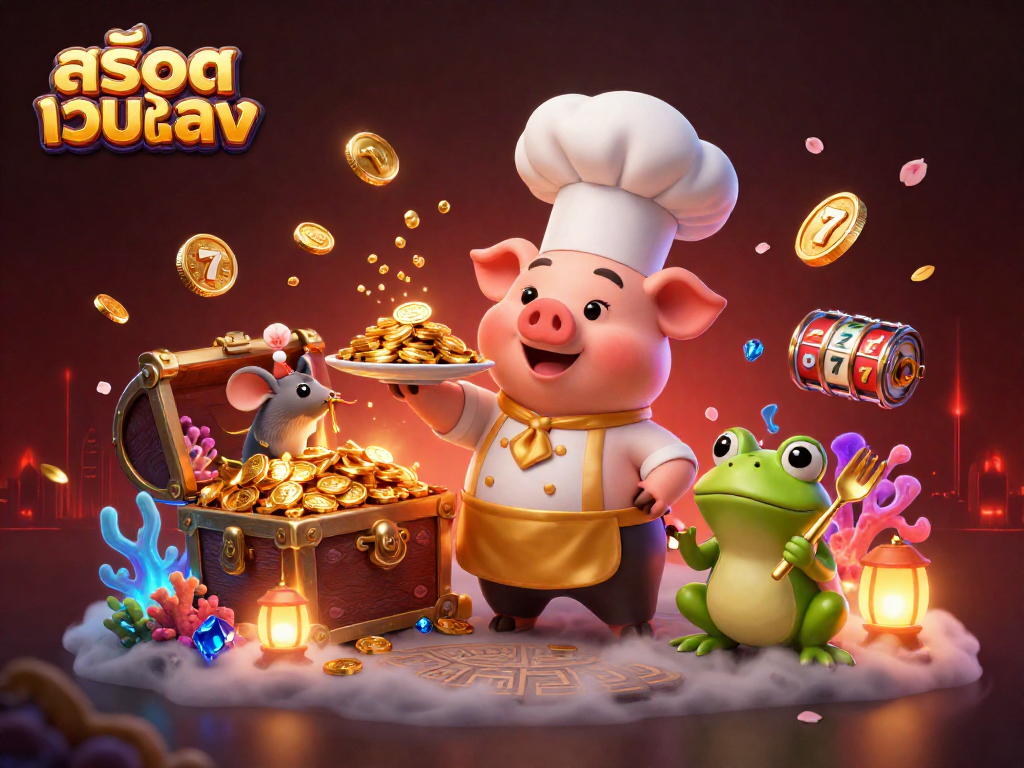 Engage in the excitement of สล็อตเว็บตรง with a vibrant 3D casino scene featuring characters and treasures.