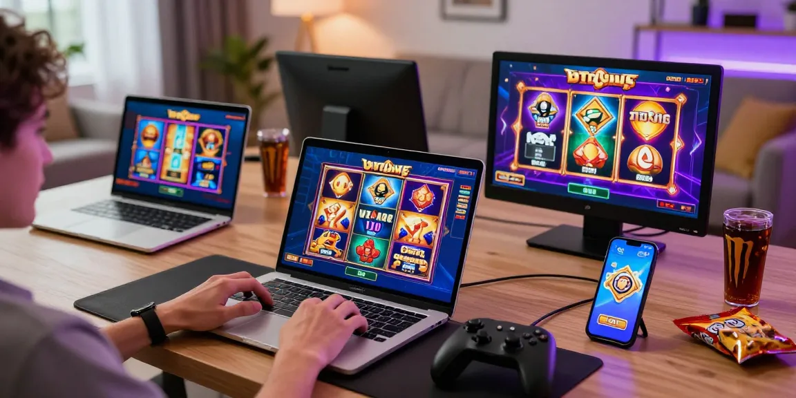 Player enjoying mposport slot on multiple devices in a cozy gaming setup.