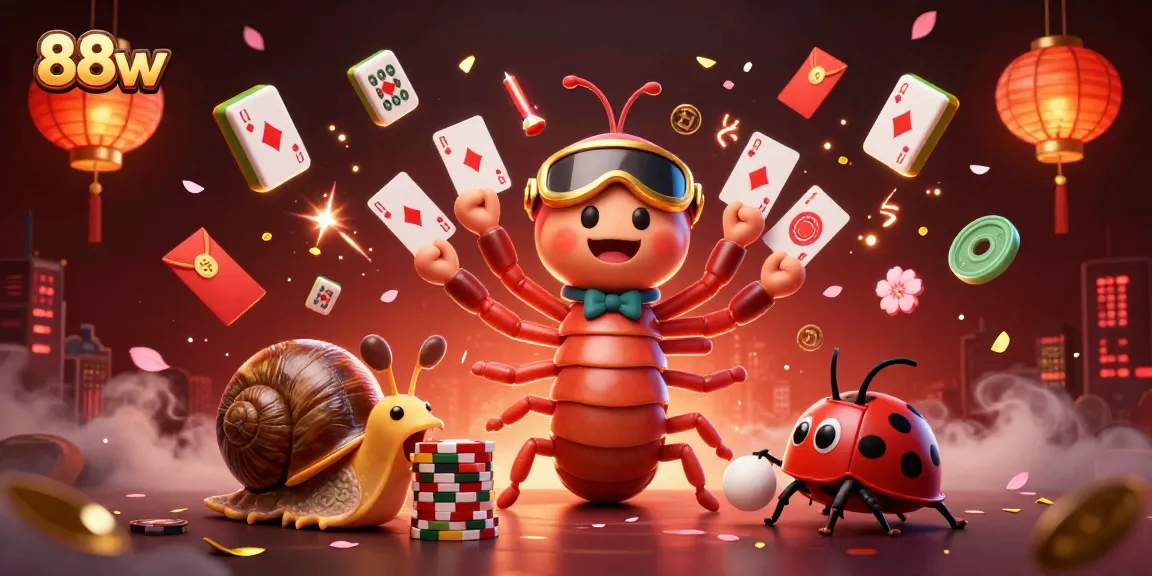 88vv casino illustration, featuring a vibrant scene with a millipede dealer and gaming elements